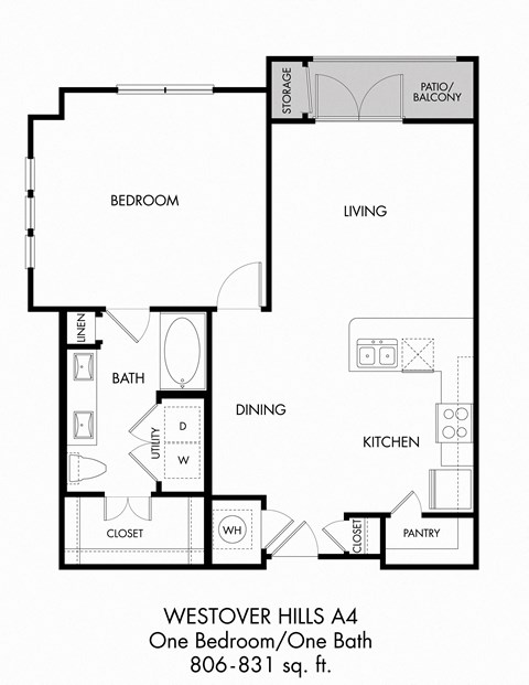 Floor plan for 1 bed, 1 bath, 806 sqft